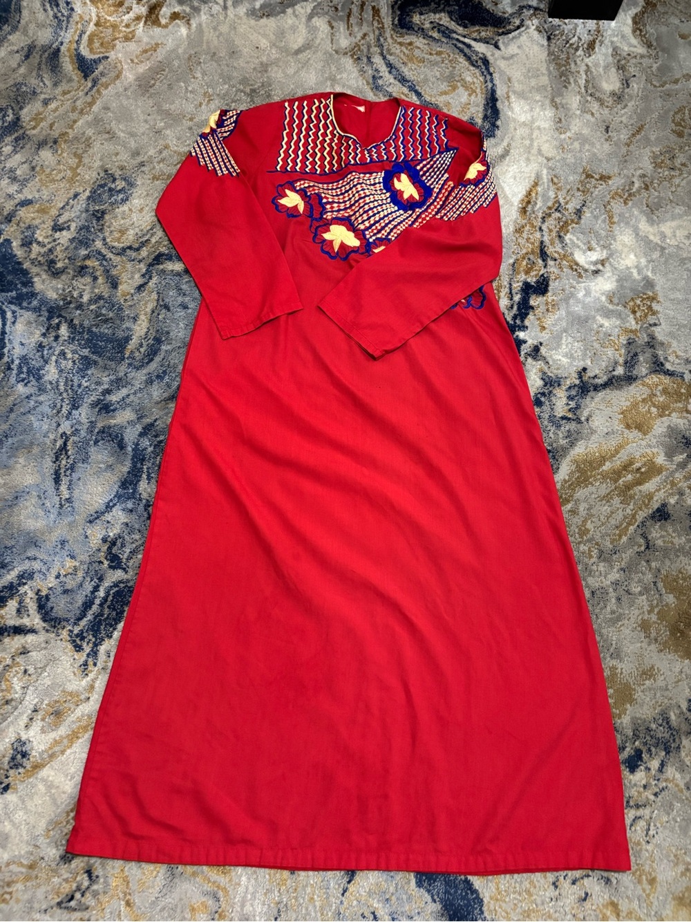 Red Embroidered Long Sleeve Maxi Dress - Women's